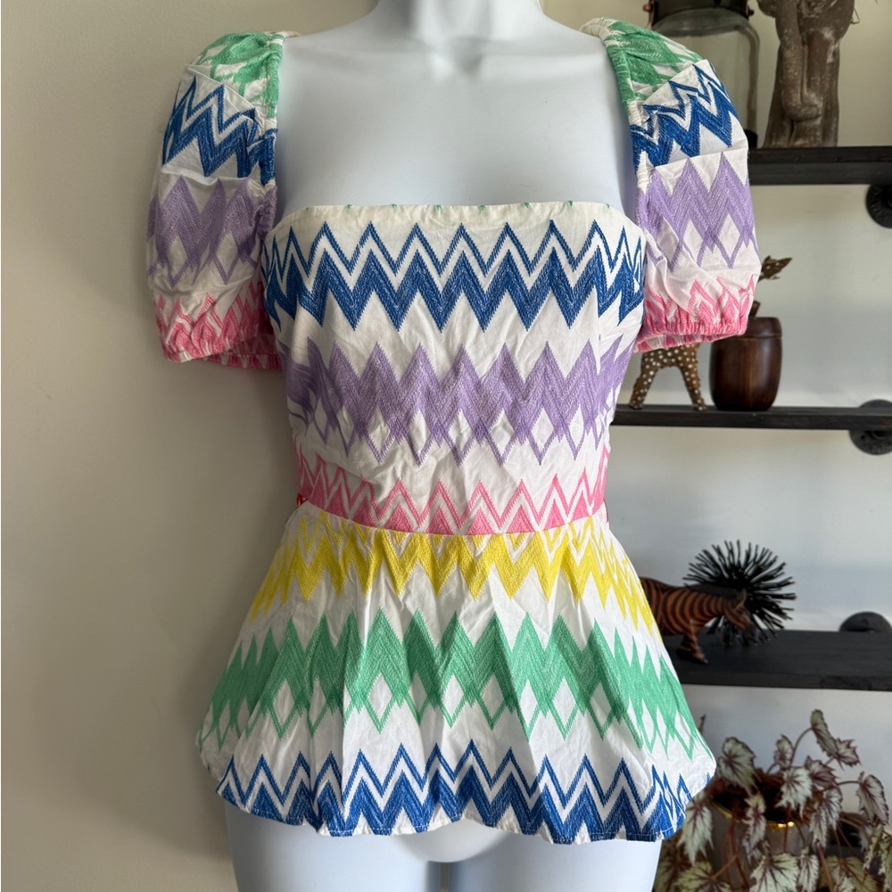 Yumi Kim White and Pink Peplum Puff Sleeve Blouse